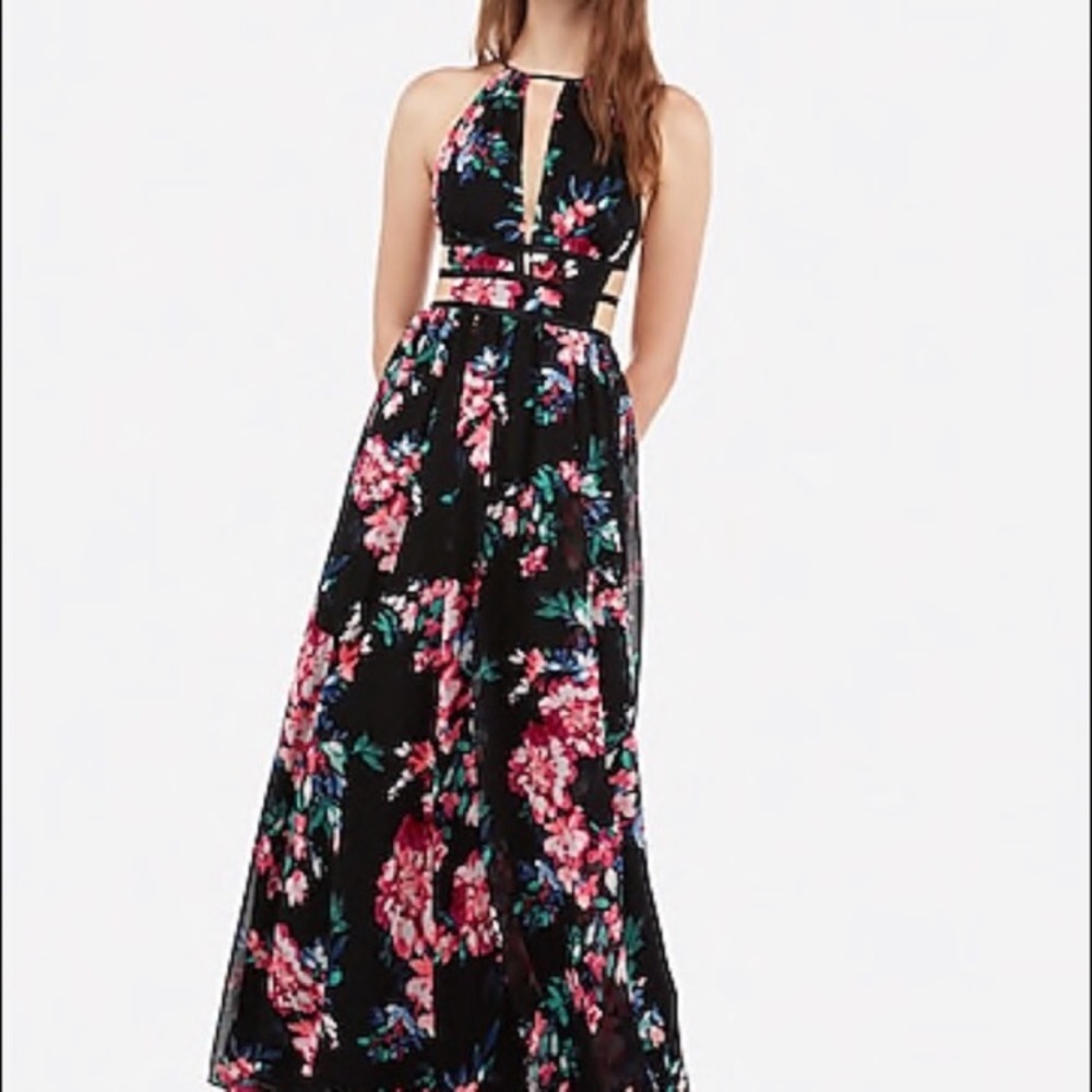 Express Floral Strappy Side Plunge Cut Out Maxi